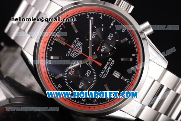 Tag Heuer Carrera Calibre 18 Chronograph Miyota Quartz Steel Case/Bracelet with Black Dial and Stick Markers - Red Inner Bezel - Click Image to Close
